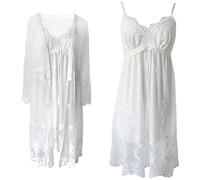 Jamron Womens 2 Piece Retro Lace Nightdresses Sets - V Neck Spaghetti Strap Padded Nightdress + Kimono Robe - Elegant Nightwear for Bridal Wedding Party & Loungewear White L