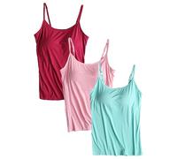 Jamron Womens 3 Pieces Basic Camisole Adjustable Strap Vest Tank Tops with Built-in Shelf Bra Stretch Undershirts Burgundy + Green + Pink-1 XXL