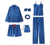 Jamron Womens 7PCS Satin Pyjama Set Spring Summer Autumn Tops & Pants Shorts Sleepwear Blue SN07655 M