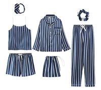 Jamron Womens 7PCS Satin Pyjama Set Spring Summer Autumn Tops & Pants Shorts Sleepwear Blue Stripes SN07655 M