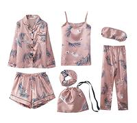 Jamron Womens 7PCS Satin Pyjama Set Spring Summer Autumn Tops & Pants Shorts Sleepwear Crane SN07655 L