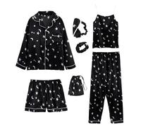 Jamron Womens 7PCS Satin Pyjama Set Spring Summer Autumn Tops & Pants Shorts Sleepwear Moon SN07655 L
