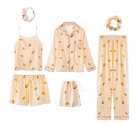 Jamron Womens 7PCS Satin Pyjama Set Spring Summer Autumn Tops & Pants Shorts Sleepwear Orange SN07655 XL