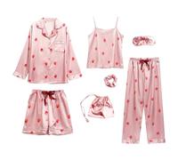 Jamron Womens 7PCS Satin Pyjama Set Spring Summer Autumn Tops & Pants Shorts Sleepwear Pink Strawberry SN07655 L