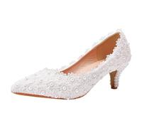 Jamron Women's Elegant Pointed Toe 5CM High Heels Floral Lace Pearls Bridal Shoes Pumps White SN0703213 UK6