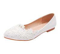 Jamron Womens Elegant Pointed Toe Flower Lace Bridal Shoes Pumps Soft Sole Ballet Flats White SN070435 UK4.5