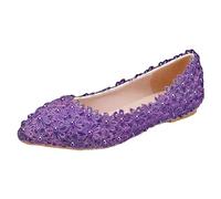 Jamron Womens Elegant Pointed Toe Flower Lace Pearls Bridal Shoes Pumps Soft Sole Ballet Flats Purple SN070435 UK6