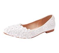 Jamron Womens Elegant Pointed Toe Flower Pearls Bridal Shoes Pumps Soft Sole Ballet Flats White SN070435 UK6.5