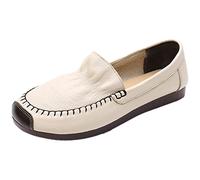 Jamron Womens Genuine Leather Wide Fit Loafers Shoes Soft Sole Ballerinas Comfort Flat Slip On Walking Shoes Beige UK6