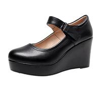 Jamron Women's High Platform 8CM Wedge Heel Mary Jane Shoes Hook&Loop Ankle Strap Leather Pumpss Black SN070281-2 UK4