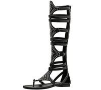 Jamron Womens Knee High Roman Gladiator Sandals Rivets Studded Strappy Zipper Thong Sandals Black SN020342 UK3.5