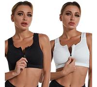 Jamron Womens Plus Size 2 Pack High Impact Sports Bra - Front Zip Closure - Wirefree and Removable Pads - Racerback Yoga Sports Tank Top Black + White 4XL