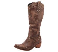 Jamron Women's Retro Rivets Cowboy Boots Pointed Toe Western Chunky Heel Under the Knee Boots, Coffee, 8.5 UK