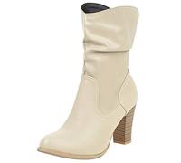 Jamron Women's Stylish Block Heel Slip On Ruched Calf Boots Fluffy Slouch Boots Beige SN02816 UK5