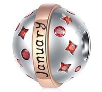 Jan-Dec Birthstone Planet Earth Charms with 12 Month Birthday Stone, 925 Sterling Silver 2 Tone Rose Gold Round Ball Beads, fits European Snake Bracelet, Gifts for Mom/Wife/Father/Children/Grandma