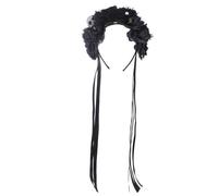Jan Jean Day of The Dead Floral Headband Featuring Intricate Skull Motifs And Faux Pearl Embellishment Festival Headwear Black One Size