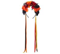 Jan Jean Day of The Dead Floral Headband Featuring Intricate Skull Motifs And Faux Pearl Embellishment Festival Headwear Black Red Orange One Size