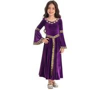 Jan Jean Medieval Renaissance Princess Fancy Dress Costume for Girls Kids Long Flare Sleeve Velvet Dress Purple 9-10 Years