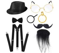 Jan Jean Men's Prohibition Era Gangster Costume Accessory Set with Fedora Bow Tie Shoulder Straps Glasses Facial Hair Black One Size