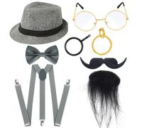 Jan Jean Men's Prohibition Era Gangster Costume Accessory Set with Fedora Bow Tie Shoulder Straps Glasses Facial Hair Grey One Size