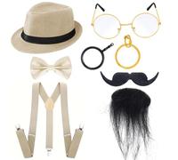 Jan Jean Men's Prohibition Era Gangster Costume Accessory Set with Fedora Bow Tie Shoulder Straps Glasses Facial Hair Beige One Size