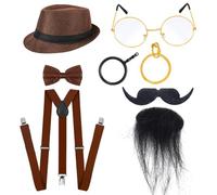 Jan Jean Men's Prohibition Era Gangster Costume Accessory Set with Fedora Bow Tie Shoulder Straps Glasses Facial Hair Coffee One Size