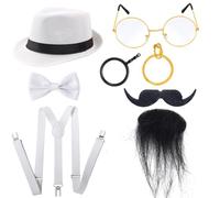 Jan Jean Men's Prohibition Era Gangster Costume Accessory Set with Fedora Bow Tie Shoulder Straps Glasses Facial Hair White One Size