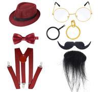 Jan Jean Men's Prohibition Era Gangster Costume Accessory Set with Fedora Bow Tie Shoulder Straps Glasses Facial Hair Burgundy One Size