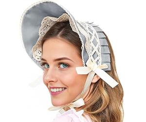 Jan Jean Victorian Era Lace Sun Bonnet Traditional Colonial Style Headwear with Adjustable Chin Strap for Reenactments Light Blue One Size