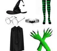 Jan Jean Women's Halloween Witch Costume Set Complete with Pointed Hat Spectacles Gloves Stockings Cape Necklace Green A One Size