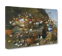 Jan van Kessel Still Life Flowers, Birds and Rabbit Canvas Print | Gallery Wrapped 30mm Frame Wall Art | 30x20 inches | Ready to Hang | Classic Animals Picture | Living Room Bedroom Lounge Office