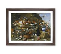 Jan van Kessel Still Life Flowers, Birds and Rabbit Classic Painting Framed Wall Art Print, Ready to Hang Picture for Living Room Bedroom Home Office Décor, Walnut A4 (34 x 25 cm)