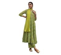 Janasya Indian Women's Green Flowy Anarkali Embroidered Kurta Kurti Top Tunic Festive wear Kurta Set with Dupatta for Women, Green, L
