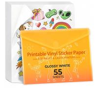 JANDJPACKAGING Premium Printable Vinyl Sticker Paper - for Inkjet and Laser Printer - 55 Pack Glossy White Waterproof Inkjet Printable Vinyl - 140 g Dries Quickly and Holds Ink Beautifully