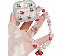 JANDM 3D Cherry Case with Keychain for AirPods 4,Clear Diamonds Aesthetic Shockproof Cover with Cute Pearl Strap Keychain for Women Girls Protective Cover