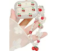 JANDM 3D Cherry Case with Keychain for AirPods Pro 2/1 Gen,Clear Diamonds Aesthetic Shockproof Cover with Cute Pearl Strap Keychain for Women Girls Protective Cover