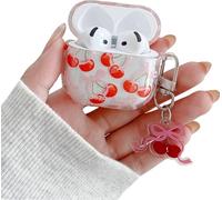 JANDM for AirPods Cherry Case with Keychain,Clear Shockproof Soft Clear Women Girls Case with Cute Bow Cherry with Keychain for AirPods 1/2