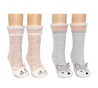 Jane and Bleecker Women's Critter Sock Slippers 2-Pack Plushfill Lined Knit Non-Skid Fluffy Cosy Thick Gripper (Cat and Wolf, UK Footwear Size System, Adult, Women, Numeric Range, Medium, 4, 8)