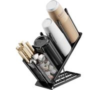JANE EYRE Adjustable Cup Holder and Lid Holder - Coffee Cup Holder Organizer with Dispenser for Disposable 4 Compartments Basket Straw Holder Pods for Coffee Station Bar in Metal, Black