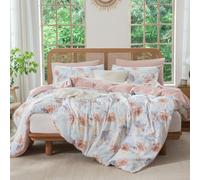 Jane yre Duvet Cover Queen Floral Soft Brushed Microfiber Crinkle Gauze 3 Pieces Bedding Set, Garden Style Peony Pattern Queen Duvet Cover Floral, with Zipper Closure Luxury Breathable Comfy