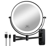 JANEEVA 8 Inch Wall Mounted Lighted Makeup Mirror, 1X/10X Double-Sided Rechargeable Magnifying Mirror with 3 Color Lights, Dimmable Bathroom Vanity Mirror with Arm