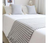 JANEMUA Checked Pattern Bed Runner with Tassels, Soft Bed Runners Scarves & Pillowcase, No Fading Bedspreads Decoration for Home & Hotel-Grey||50X180cm for 1.2m Bed