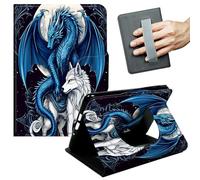 JANENFNA 360° Rotating Case for Samsung Galaxy Tab A9 Plus 10.9" /A11 Plus - Folio Stand Cover with Hand Strap, Auto Wake/Sleep, Magnetic Closure, Shockproof Case, Blue Dragon & White Wolf