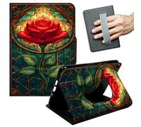 JANENFNA 360° Rotating Case for Samsung Galaxy Tab A9 Plus 10.9" /A11 Plus - Folio Stand Cover with Hand Strap, Auto Wake/Sleep, Magnetic Closure, Shockproof Case, Stained Glass Red Rose