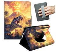 JANENFNA 360° Rotating Case for Samsung Galaxy Tab S7 FE 12.4" / S7 Plus / S8 Plus - Folio Stand Cover with Hand Strap, Auto Wake/Sleep, Magnetic Closure, Shockproof Case, Fiery T-Rex & Volcano