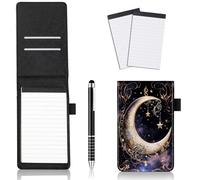 JANENFNA 4Pcs Mini Pocket Notepad Holder Set, Crescent Stars in Sky Leather Pocket Notebook Holder with Metal Pen and 2Pcs 3 x 5 Inch Memo Book Refills for Office School, Meetings
