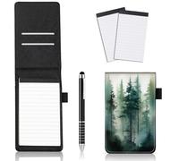 JANENFNA 4Pcs Mini Pocket Notepad Holder Set, Misty Pine Trees Leather Pocket Notebook Holder with Metal Pen and 2Pcs 3 x 5 Inch Memo Book Refills for Office School, Meetings