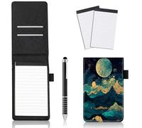 JANENFNA 4Pcs Mini Pocket Notepad Holder Set, Moon Mountains Leather Pocket Notebook Holder with Metal Pen and 2Pcs 3 x 5 Inch Memo Book Refills for Office School, Meetings