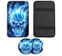 JANENFNA Car Armrest Cover Pads Universal Fashion Cute Auto Center Console Armrest Cover Pad with 2PCS Car Coasters Soft Waterproof Car Armrest Seat Protector for Women,Blue Flame Skull ABC