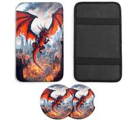 JANENFNA Car Armrest Cover Pads Universal Fashion Cute Auto Center Console Armrest Cover Pad with 2PCS Car Coasters Soft Waterproof Car Armrest Seat Protector for Women,Fire-Breaking Evil Dragon